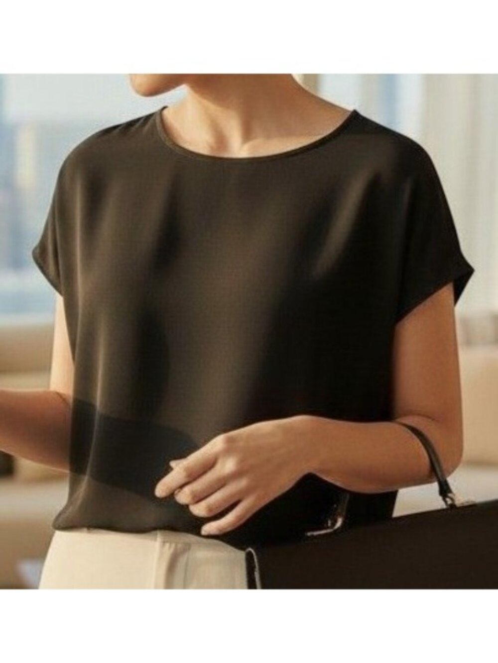 Womens Black Blouse Vintage Short-Sleeve Loose Fit Size Large By Sag Harbor Clas
